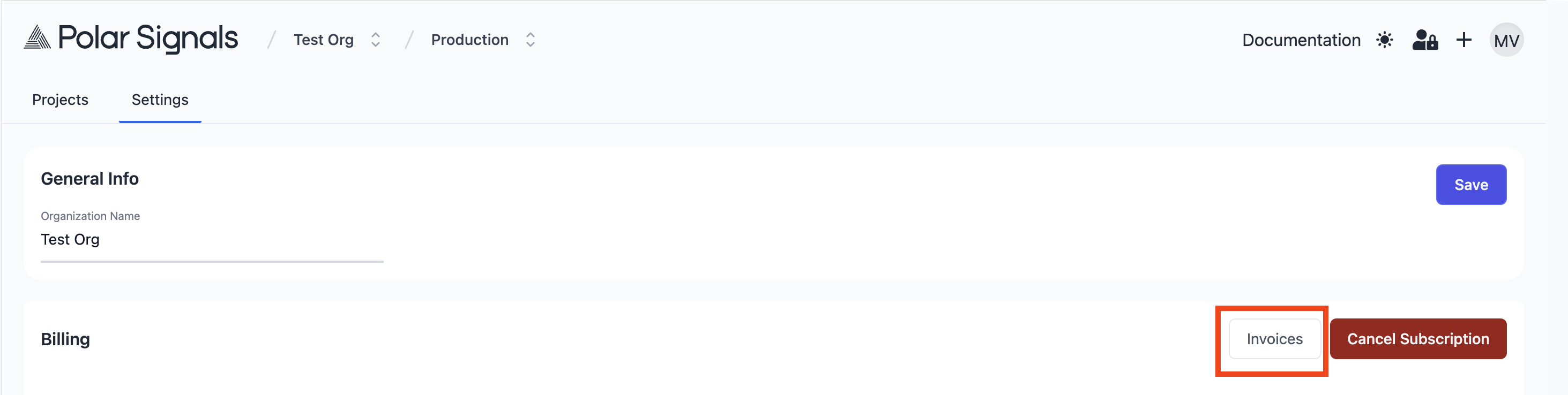 Organization Settings -> Billing section